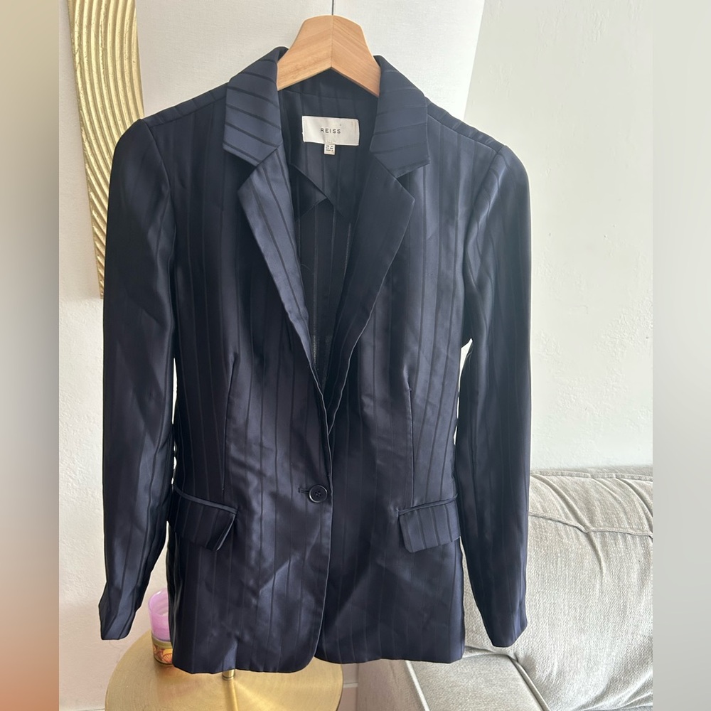 Reiss Navy Pinstripe Corporate Blazer Jacket Tailored Preppy Office Size 2